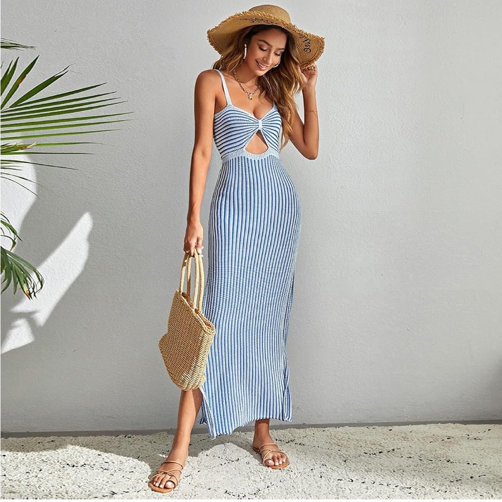 Blue and White Striped Maxi Dress